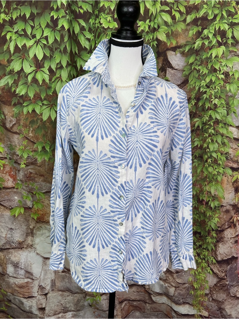 JOIE Blue and White Airy Botanical Print Linen Resortwear Coastal Blouse, S - Picture 2 of 12